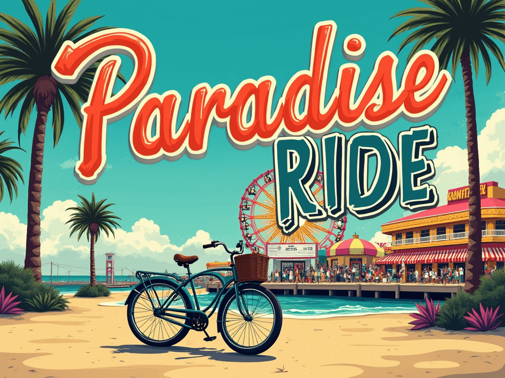 The retro waterfront cityscape,'Paradise Ride' is displayed in a retro